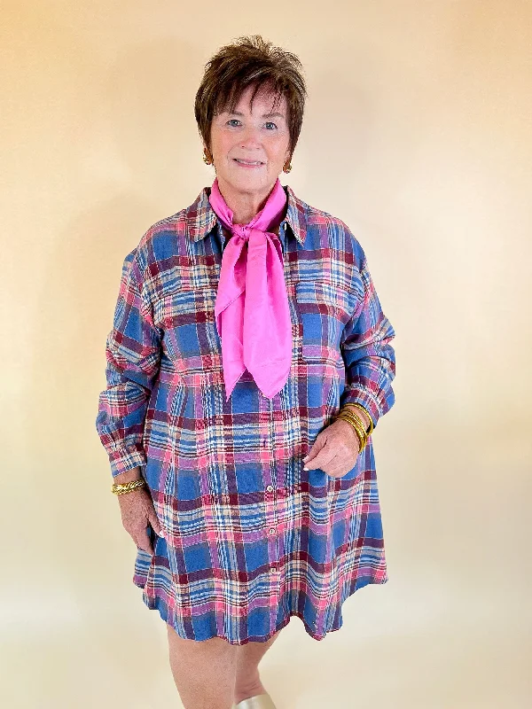 Vibrant Lifestyle Plaid Button Up Dress in Dusty Blue and Pink