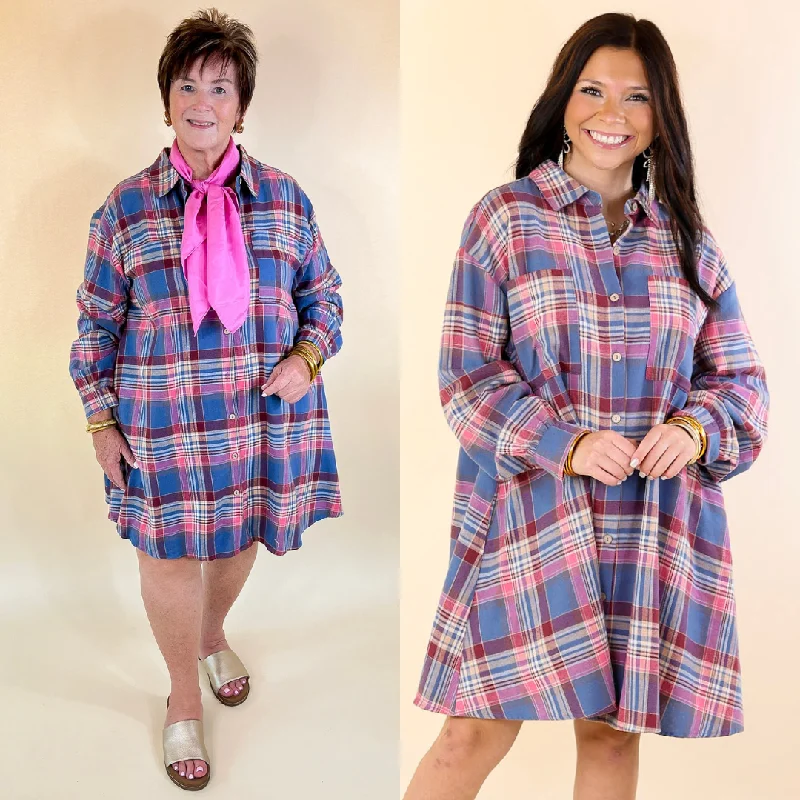 Vibrant Lifestyle Plaid Button Up Dress in Teal and Pink