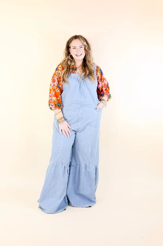 Vintage Vibes Denim Jumpsuit with Tie Straps in Light Wash