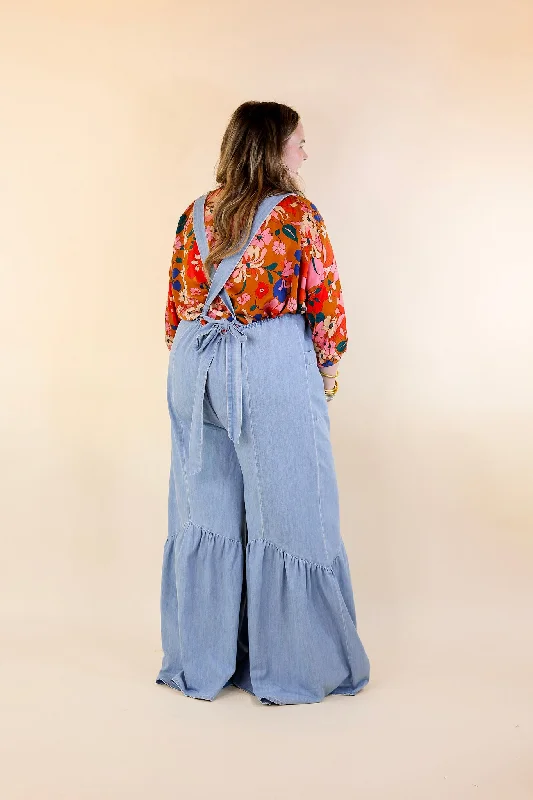 Vintage Vibes Denim Jumpsuit with Tie Straps in Light Wash