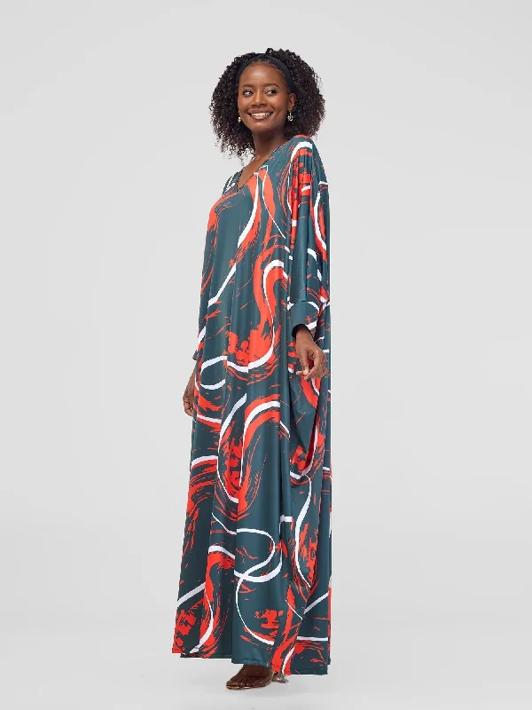 Vivo Lumi Cuffed Dolman Maxi Dress - Green / Orange Kita Print