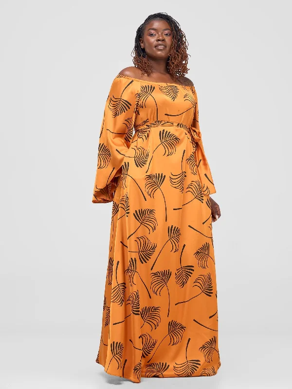 Vivo Sanali Off - Shoulder Maxi Dress - Mustard / Black Lifi Print