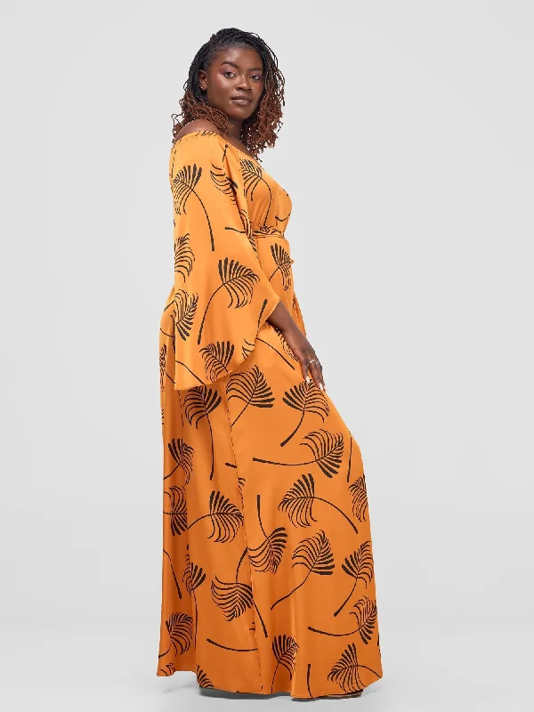 Vivo Sanali Off - Shoulder Maxi Dress - Mustard / Black Lifi Print