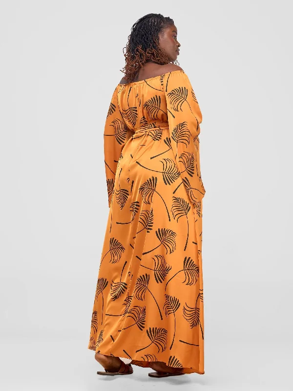 Vivo Sanali Off - Shoulder Maxi Dress - Mustard / Black Lifi Print