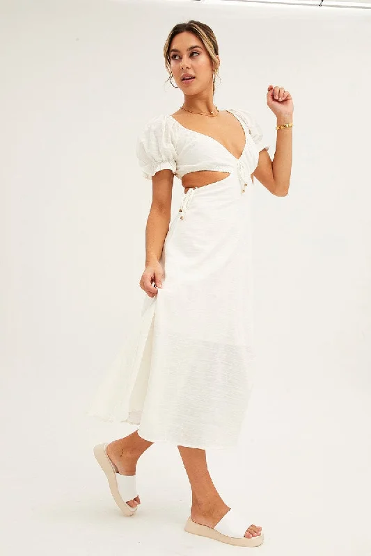 White Maxi Dress Puff Sleeve Cut Out