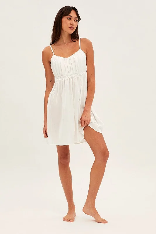 White Nightie Sleeveless Scoop Necksatin Slip Dress