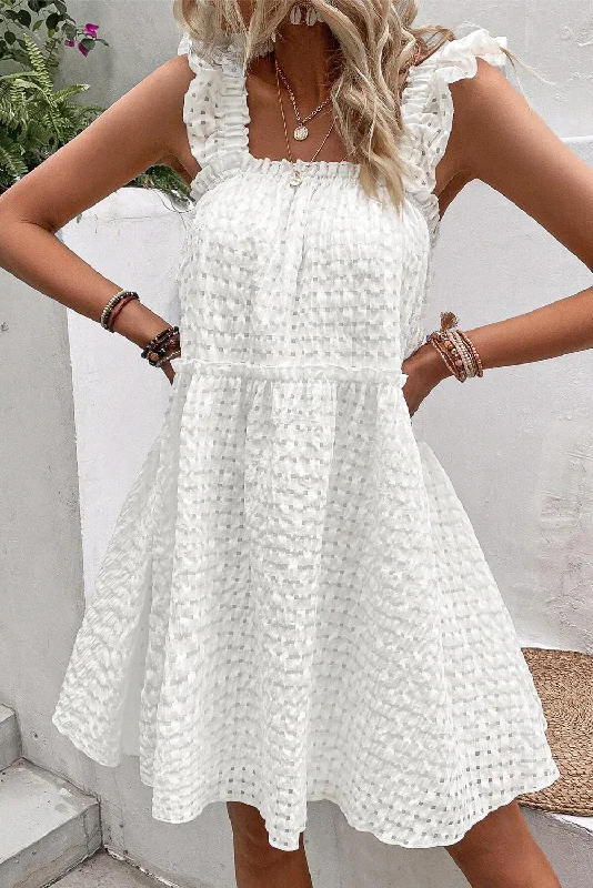 White Plaid Ruffled Straps Flowy Sleeveless Dress