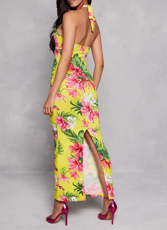 Floral Print Lace Up Front Halter Maxi Dress