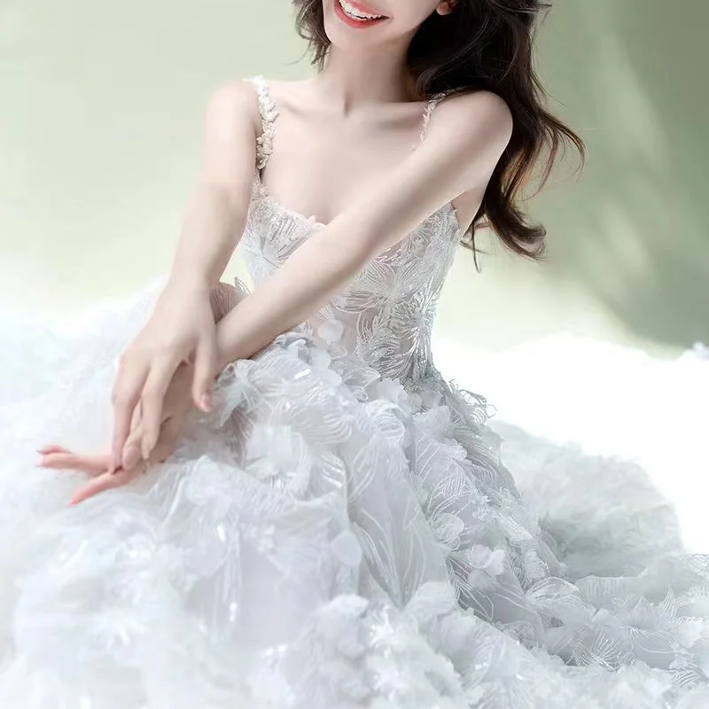 3D Floral A-line Wedding Dresses, Elegant Flower Bridal Gowns, Newest Lace Wedding Gowns