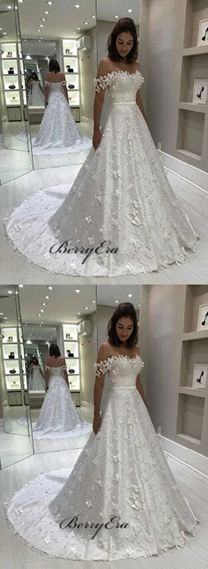 A-line Elegant Lace Applique Wedding Dresses, Popular Off Shoulder Wedding Dresses 2019