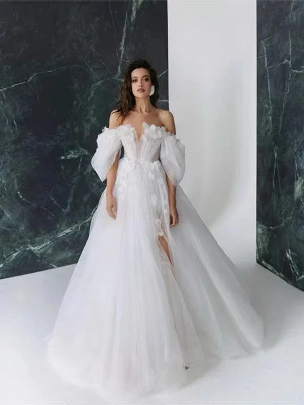 A-line Tulle Long Wedding Dresses, Appliques Off The Shoulder Bridal Gowns, Wedding Dresses