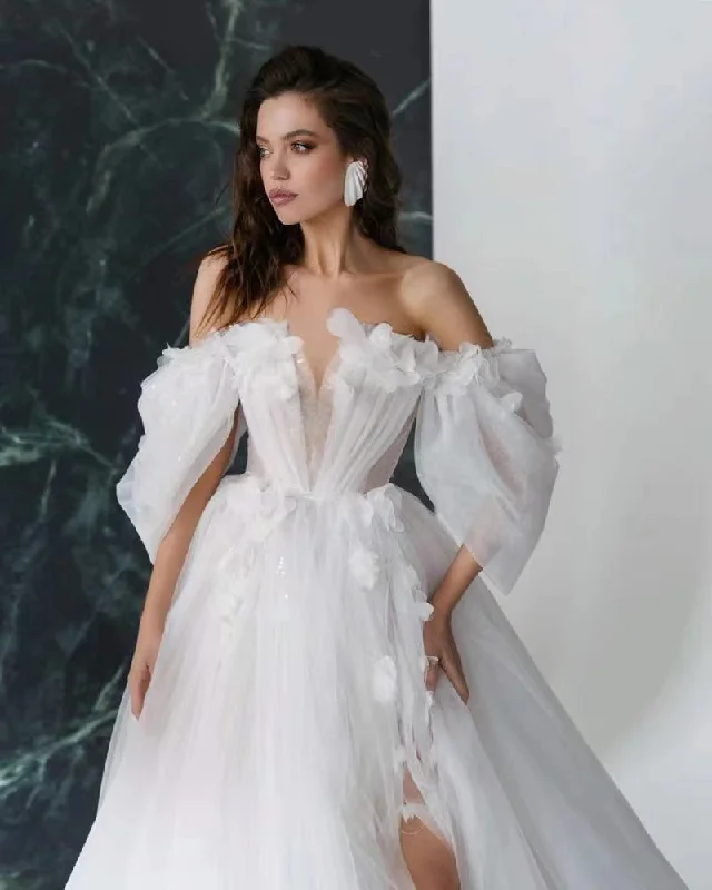 A-line Tulle Long Wedding Dresses, Appliques Off The Shoulder Bridal Gowns, Wedding Dresses