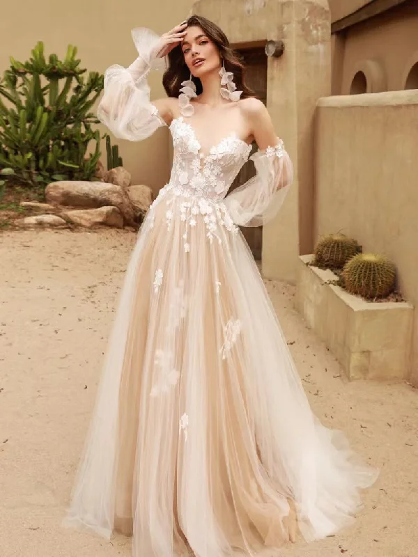 Appliques Elegant A-line Wedding Dresses, Lace Tulle Bridal Gowns, Newest Beach Wedding Gowns