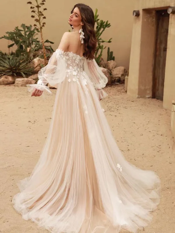 Appliques Elegant A-line Wedding Dresses, Lace Tulle Bridal Gowns, Newest Beach Wedding Gowns