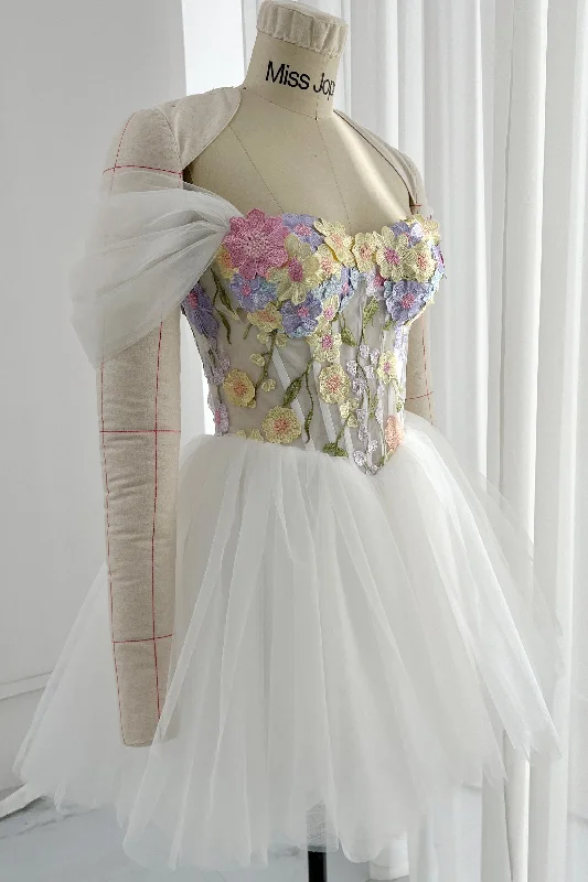 Corset Floral Embroidery Ivory Dress with Removable Off Shoulders