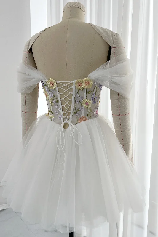 Corset Floral Embroidery Ivory Dress with Removable Off Shoulders