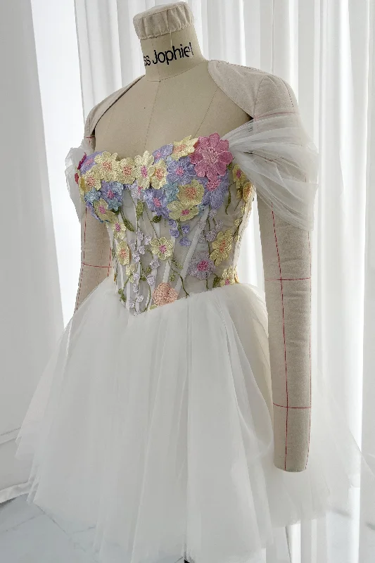 Corset Floral Embroidery Ivory Dress with Removable Off Shoulders