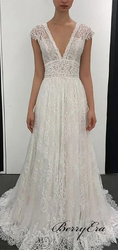 Deep V-neck Wedding Dresses, Cap Sleeves Wedding Dresses, Popular Lace Bridal Gowns