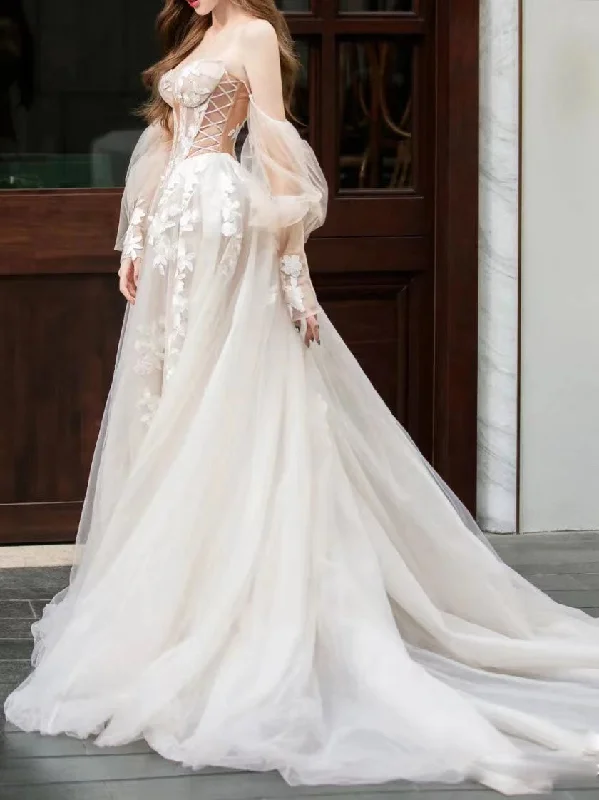 Elegant A-line Tulle Wedding Dresses, Lace Popular Bridal Gowns, Newest Wedding Guest Dresses