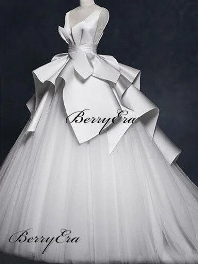 Elegant Long Ball Gown Wedding Dresses, Tulle Satin Wedding Dresses, Bridal Gown