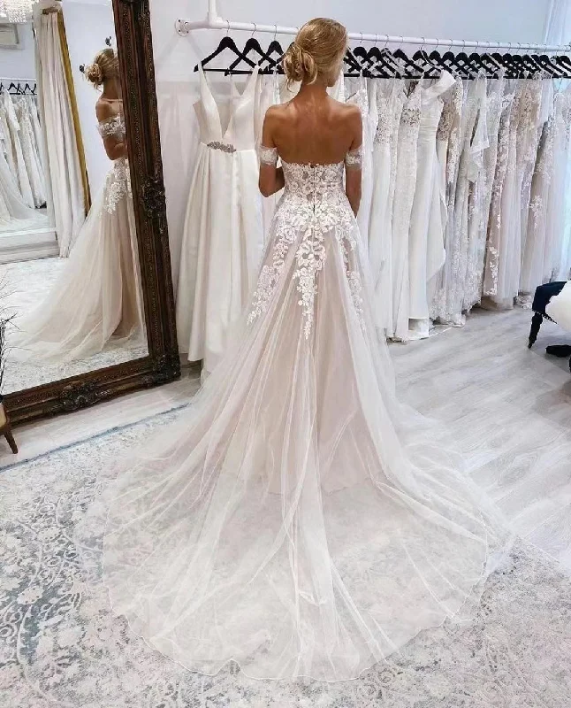 Elegant Off Shoulder Tulle Wedding Dresses, Lace Design A-line Wedding Dresses, Newest Tulle Wedding Dresses