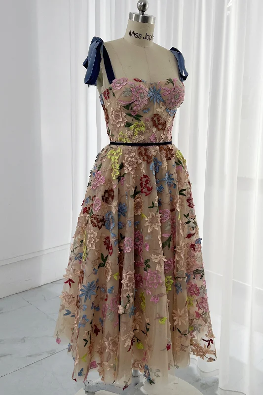 Embroidery Floral Corset Midi Dress with Removable Tie Straps