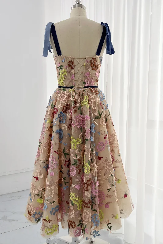 Embroidery Floral Corset Midi Dress with Removable Tie Straps