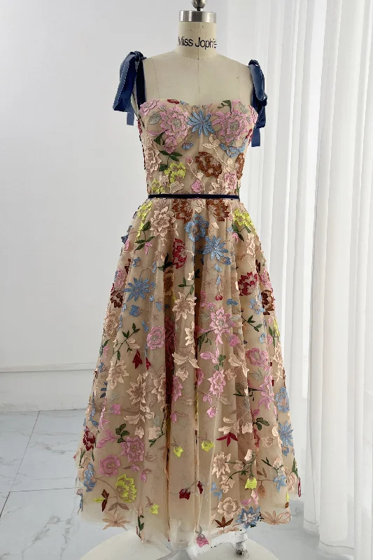 Embroidery Floral Corset Midi Dress with Removable Tie Straps