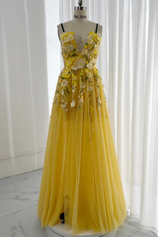 Embroidery Floral V Neck Yellow Prom Dress