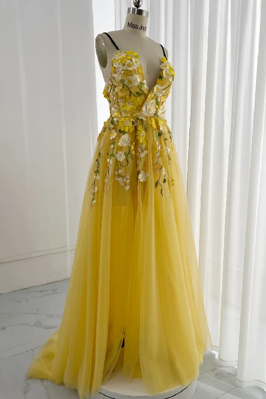 Embroidery Floral V Neck Yellow Prom Dress