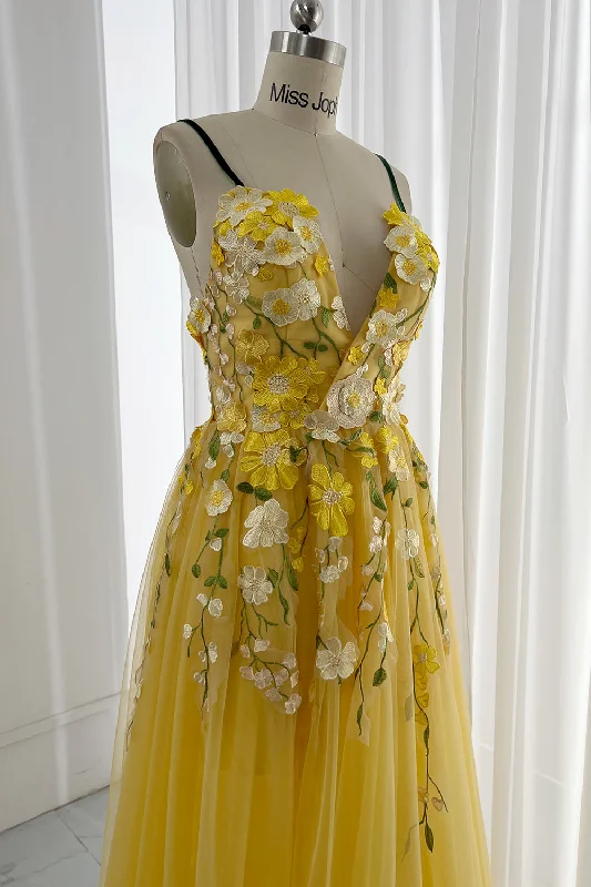 Embroidery Floral V Neck Yellow Prom Dress