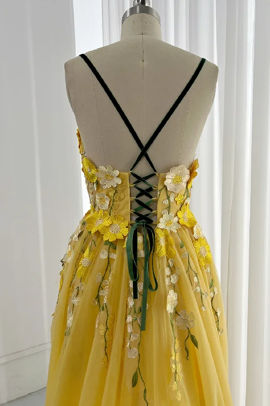 Embroidery Floral V Neck Yellow Prom Dress