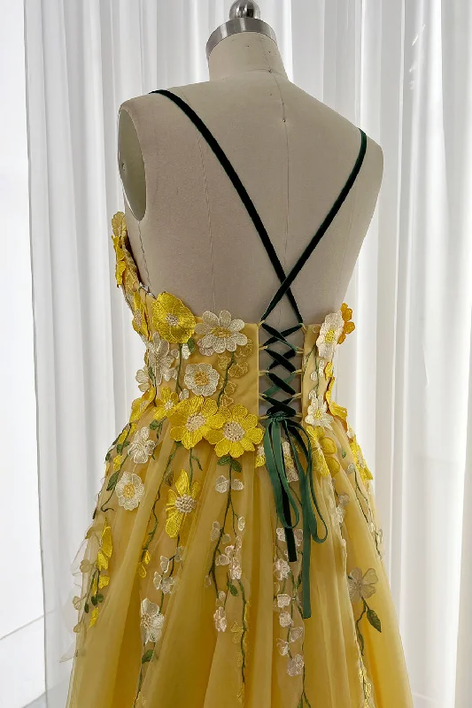 Embroidery Floral V Neck Yellow Prom Dress