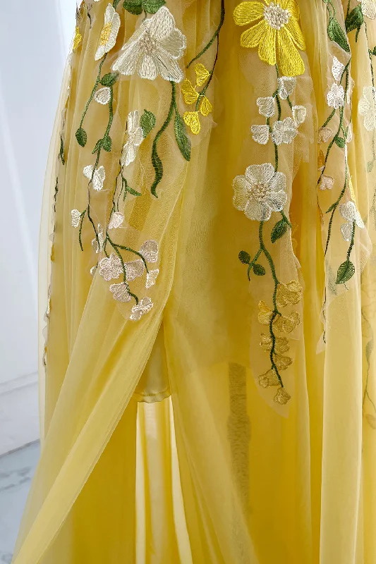 Embroidery Floral V Neck Yellow Prom Dress