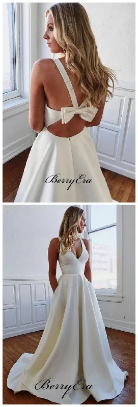 Fancy Satin V-neck Wedding Dresses, Custom Design Popular A-line Wedding Dresses