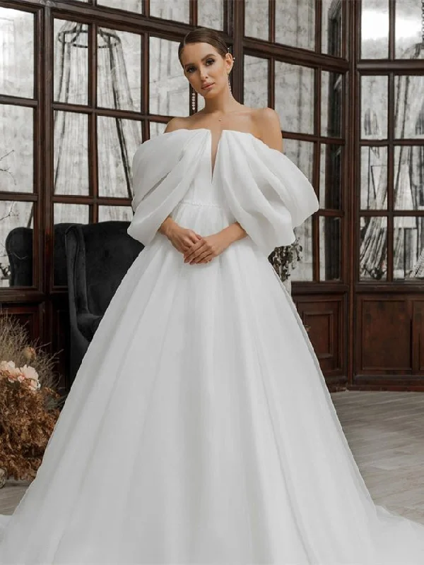 Gorgeous A-line Organza Tulle Wedding Dresses With Dramatic Sleeves, 2023 Wedding Dresses, Long Wedding Dresses, Bridal Gown