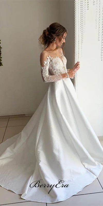 Illusion Long Sleeves Lace Top A-line Satin Wedding Dresses, Bridal Gown