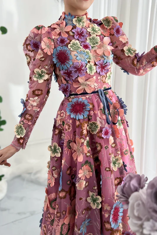 Leg-of-mutton Sleeves Emboridery Floral Dress with Open Back