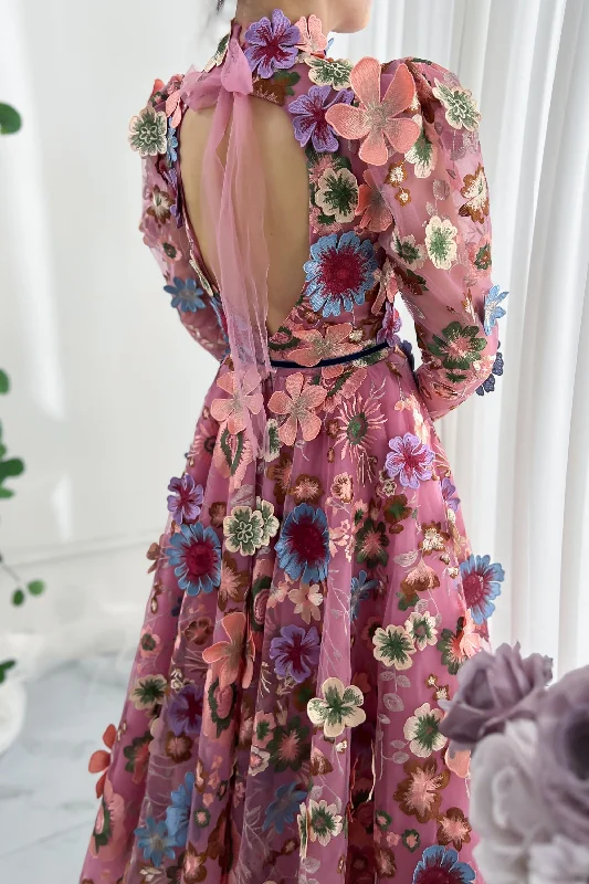 Leg-of-mutton Sleeves Emboridery Floral Dress with Open Back