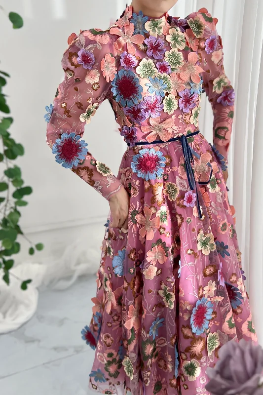 Leg-of-mutton Sleeves Emboridery Floral Dress with Open Back