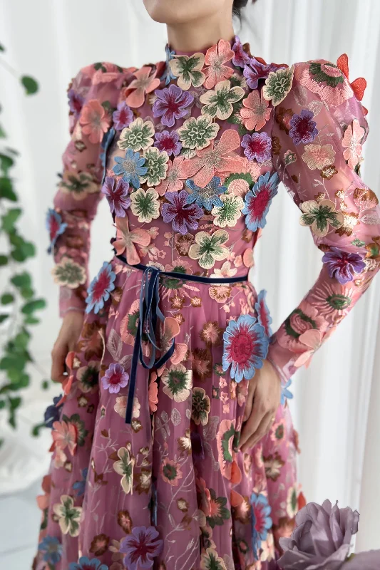 Leg-of-mutton Sleeves Emboridery Floral Dress with Open Back