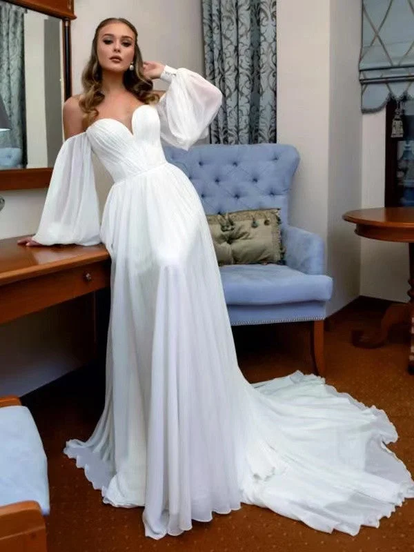 Long Bubble Sleeves Wedding Dresses, A-line Fashion Bridal Gowns, Simple Newest Chiffon Wedding Dresses