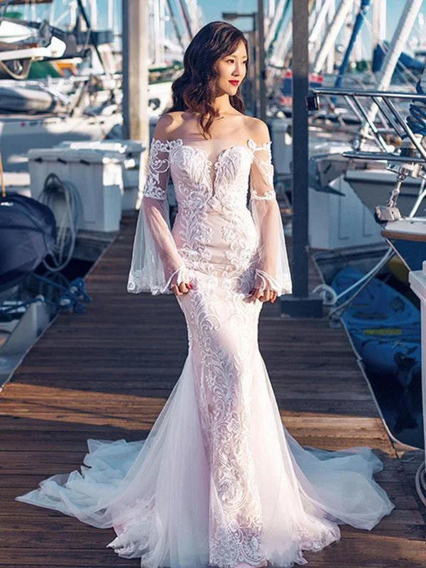 Long Sleeves Lace Off Shoulder Wedding Dresses, Mermaid Lace Beach Wedding Dresses