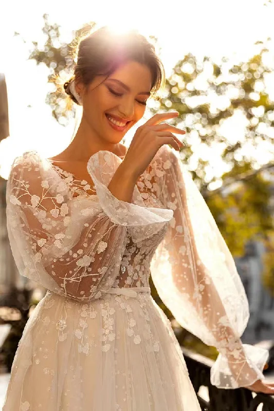 Long Sleeves Lace Wedding Dresses, Elegant V-neck Bridal Gowns, Newest Popular Wedding Gowns