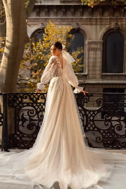 Long Sleeves Lace Wedding Dresses, Elegant V-neck Bridal Gowns, Newest Popular Wedding Gowns