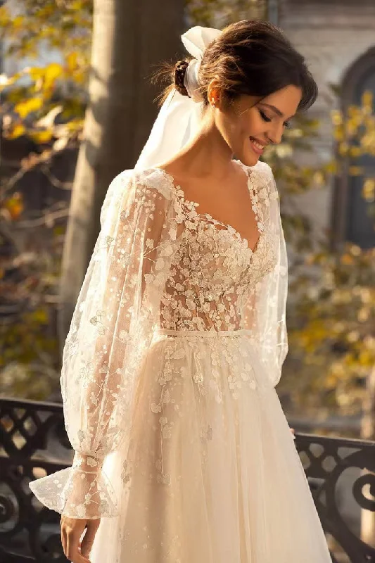 Long Sleeves Lace Wedding Dresses, Elegant V-neck Bridal Gowns, Newest Popular Wedding Gowns