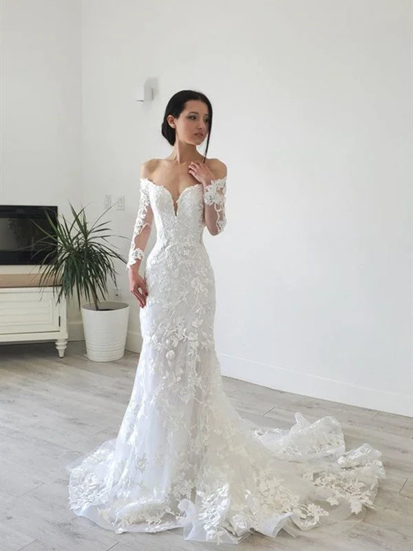 Long Sleeves Mermaid Wedding Dresses, Off Shoulder Lace Wedding Dresses, Bridal Gowns