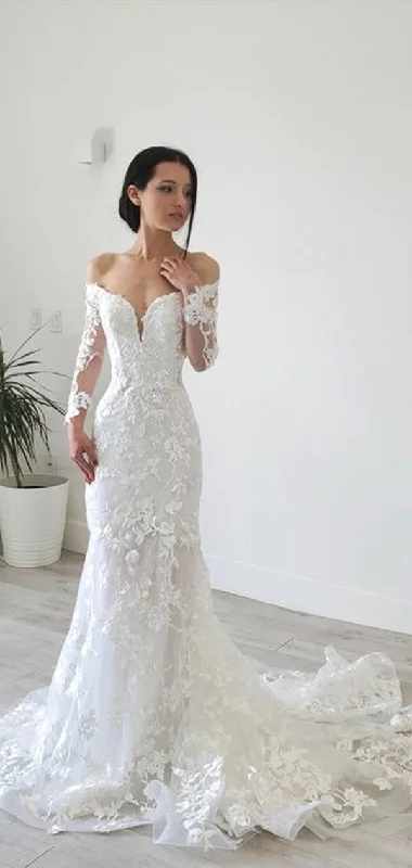 Long Sleeves Mermaid Wedding Dresses, Off Shoulder Lace Wedding Dresses, Bridal Gowns