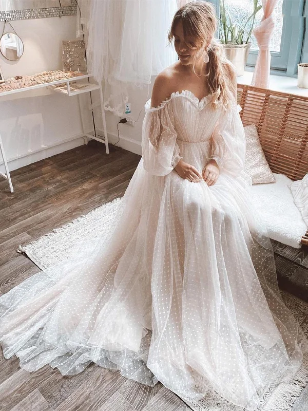 Long Sleeves Off Shoulder Polka Dots Wedding Dressesm Boho Wedding Dresses, A-line Wedding Dresses, 2021 Wedding Dresses