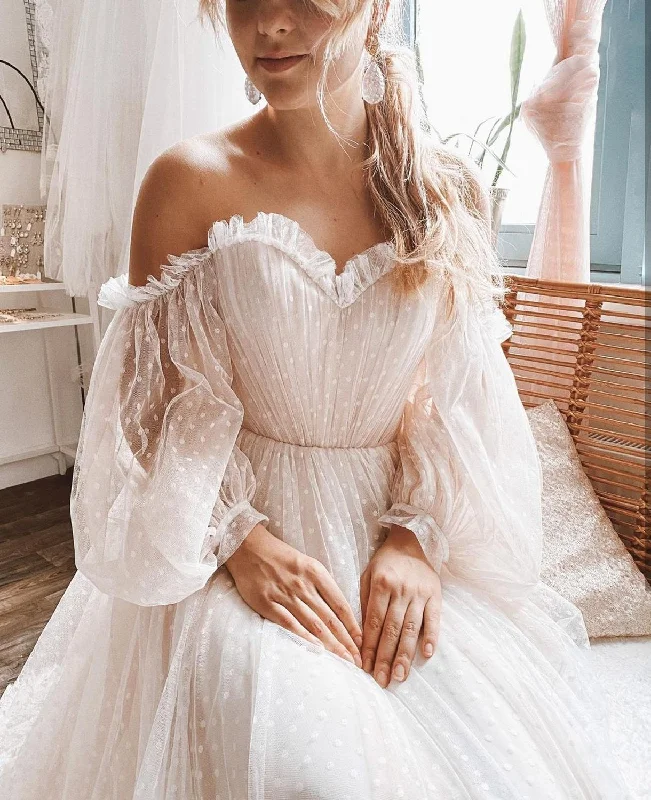 Long Sleeves Off Shoulder Polka Dots Wedding Dressesm Boho Wedding Dresses, A-line Wedding Dresses, 2021 Wedding Dresses